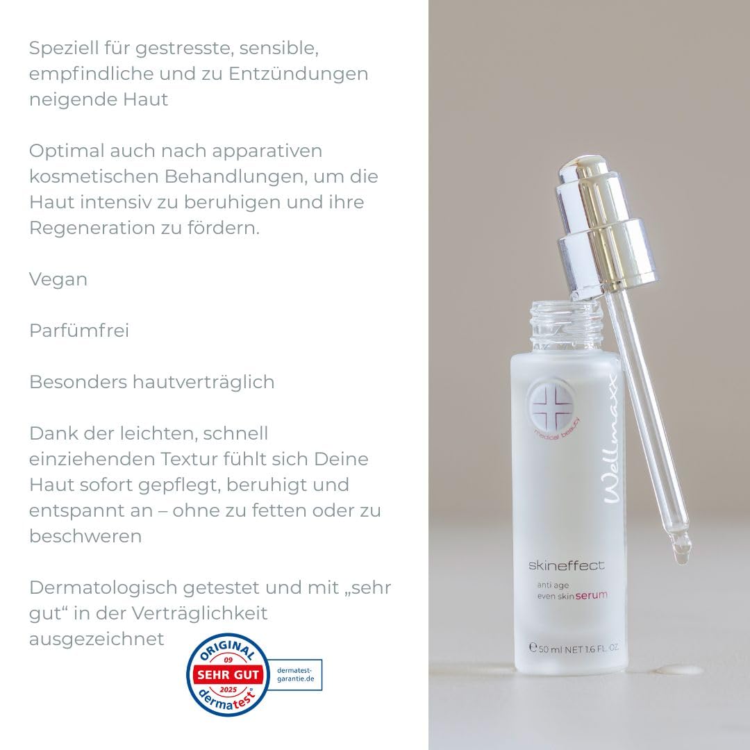 WELLMAXX® skineffect anti-age even skin serum, Hyaluron, Neutrazen™, Panthenol, dermatologisch getestet, 'sehr gut' in der Verträglichkeit, parfumfrei, vegan, leichte Textur, Pipette,50 ml