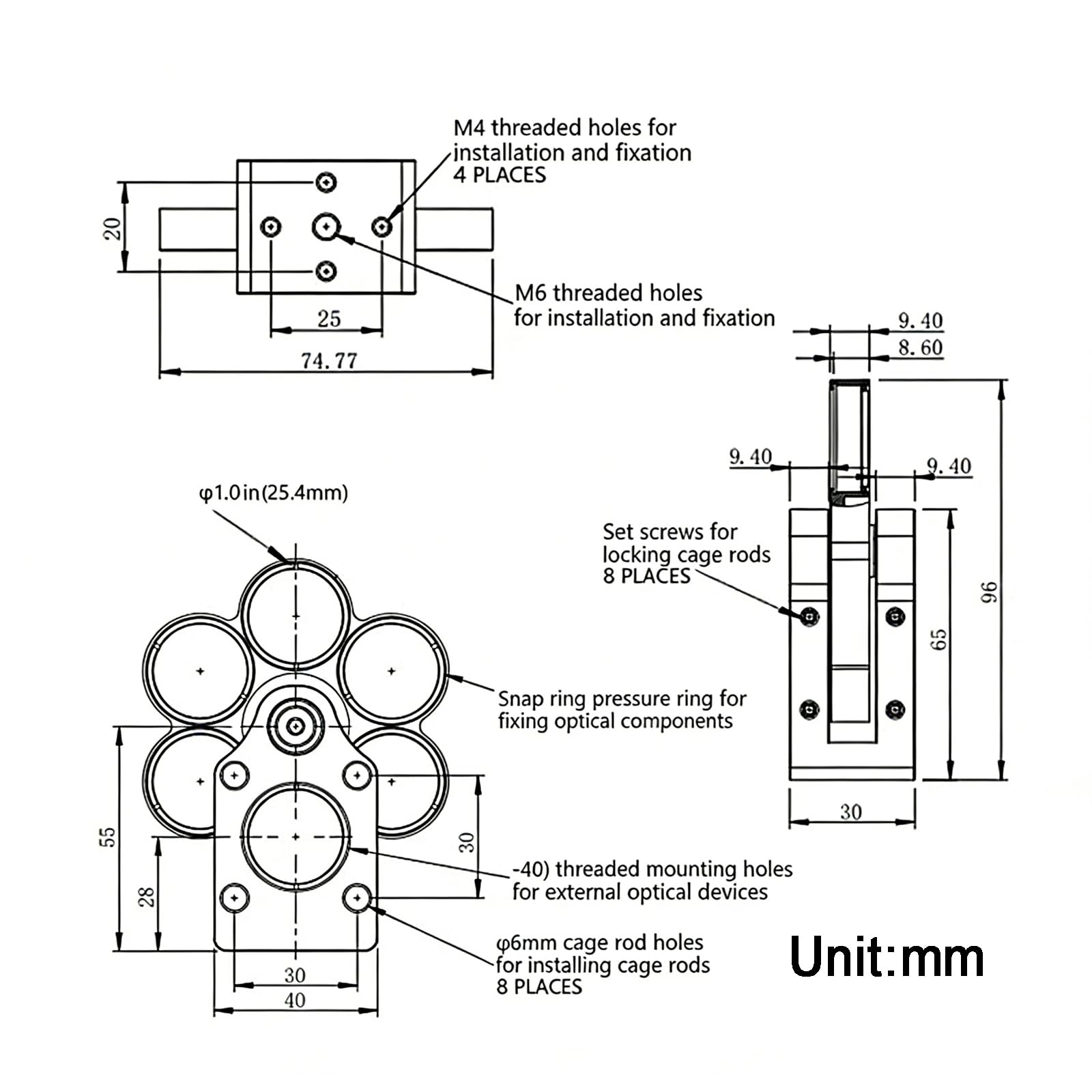 Soporte de rueda de filtro de 6 posiciones para visualización óptica, diseño coaxial tipo jaula con interfaz roscada, compatible con telescopios y accesorios de imágenes