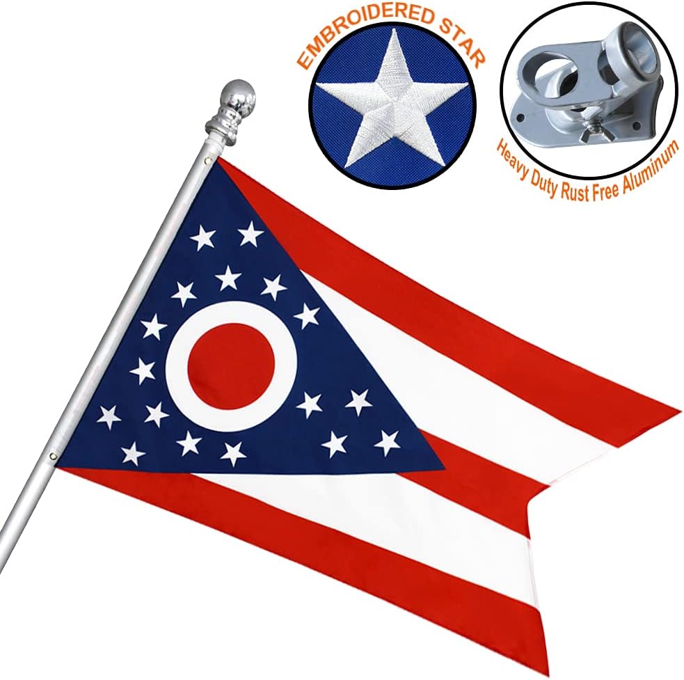 American 3x5 Ohio State Flagpole Kit with Nylon Outdoor Flag & Aluminum Flagpole & Metal Base, Embroidered Stars, Fade Resistant Commercial Grade US Flag and Hardware of OH Flags