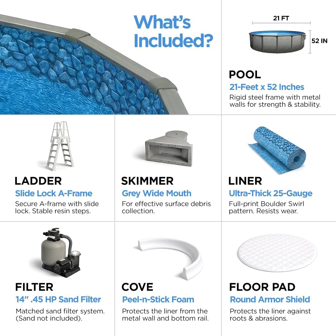 AquaDoc Coventry Round Steel Wall Above Ground Pool Kit 21' x 52" in Pewter Gray Finish with Sand Filter, Ladder, Skimmer, 25 Gauge Liner, Floor Pad and Cove Elite Package - Made in North America