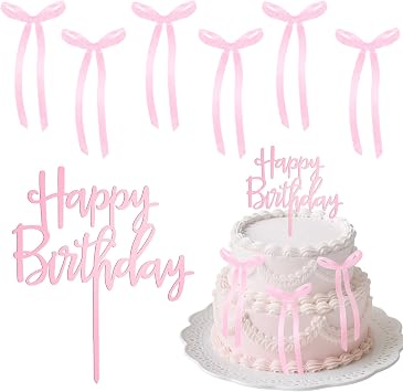 7Pcs Pink Bows for Cake, Pink Bow Cake Toppers with Happy Birthday Cakes Topper, Small Ribbon Bows Cakes Decorations for Birthday Wedding Anniversary Party Valentines Day