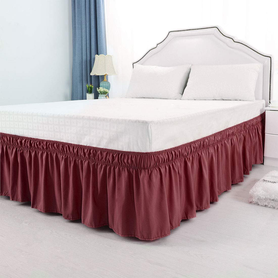PiccoCasa Faldón de Cama elástico con Volantes, Cenefa de Cama Envolvente, Marco de Microfibra cepillada con Volantes de 38 cm (Doble, borgoña)