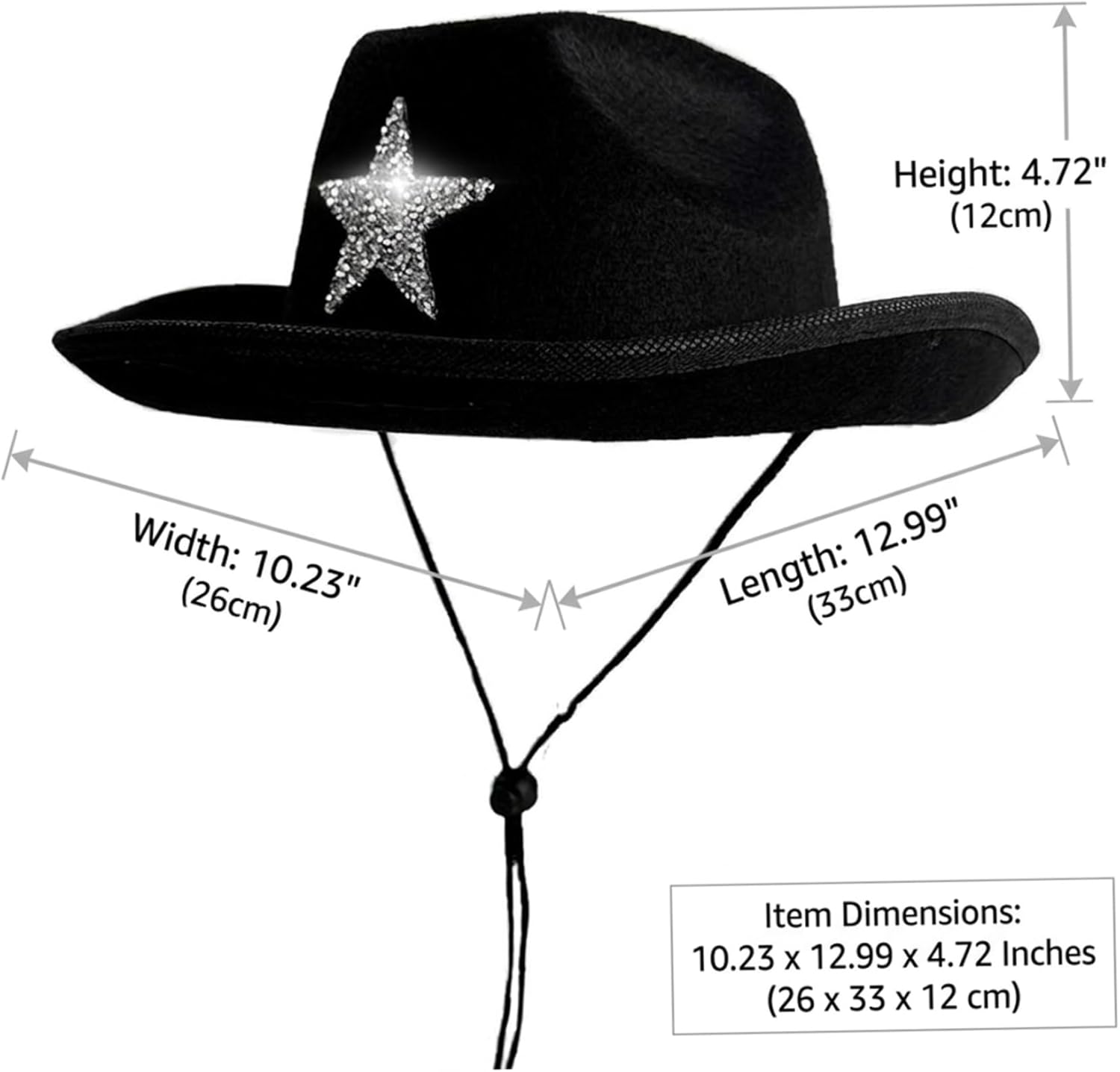 Rhinestone Cowboy Hat, Sparkly Cowgirl Hat with Glitter Star for Party Festival, Adjustable Western Cap for Girls and Boys, Black..