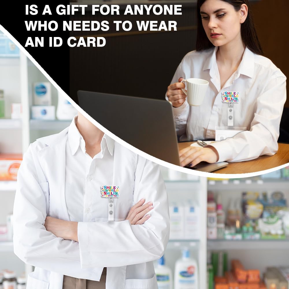 Smile and The World Smiles with You Badge Reels Retractable Glitter with Clip, Funny Mental Health Badge Holder for Therapist Psychologist Teacher Volunteer Social Worker Nurse - Image 4