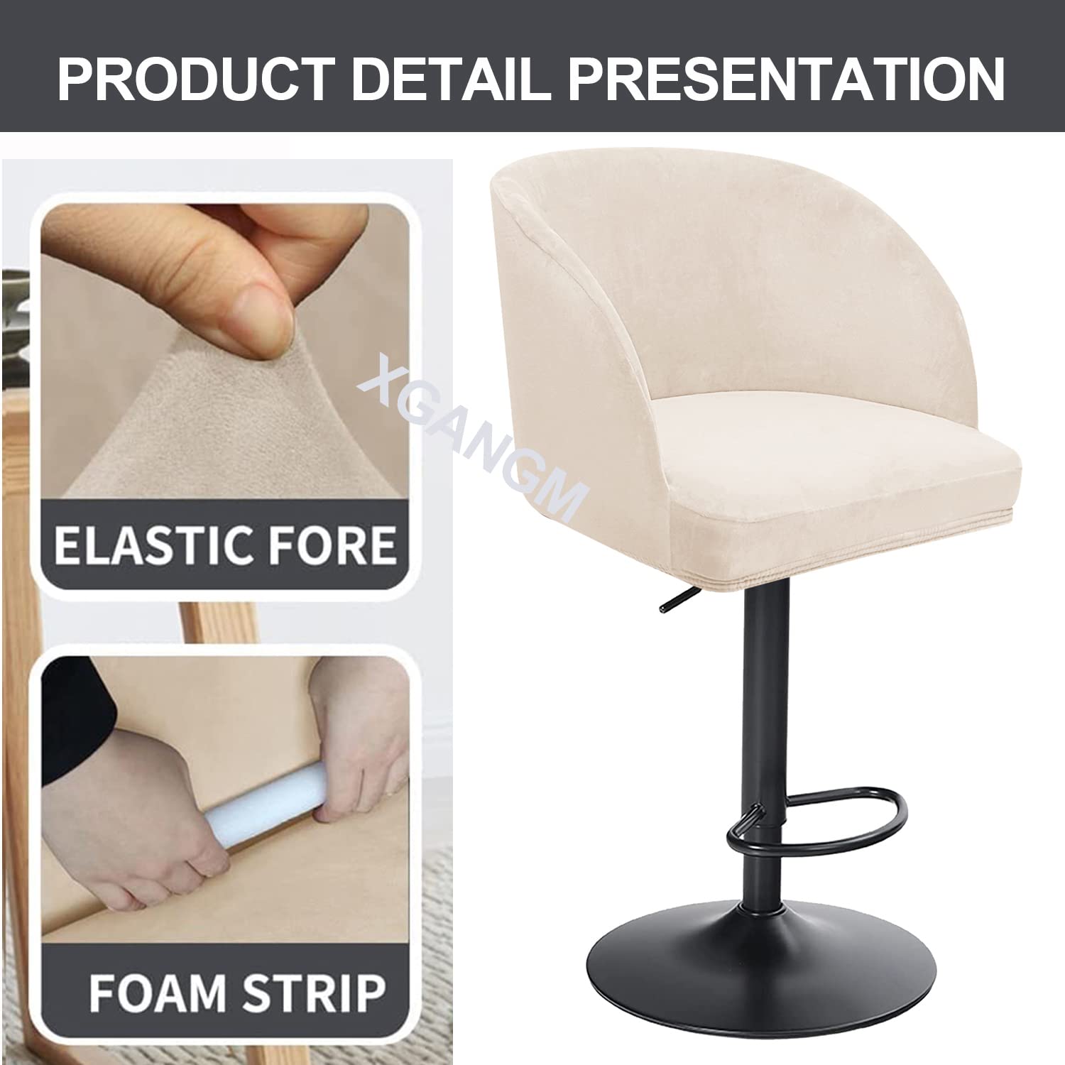 Funda Taburete Bar Extensible Terciopelo con Respaldo Redondo y Brazos, Funda Decorativa giratoria para Bar Cocina,Beige,2 Piezas