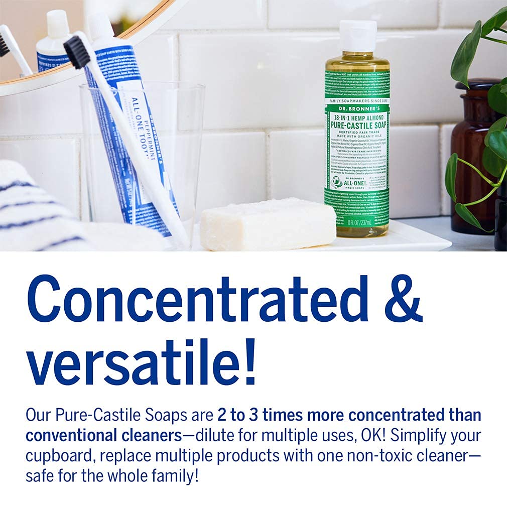 Dr. Bronner's - Pure-Castile Liquid Soap (Almond, 32 ounce) - Made with Organic Oils, 18-in-1 Uses: Face, Body, Hair, Laundry, Pets and Dishes, Concentrated, Vegan, Non-GMO