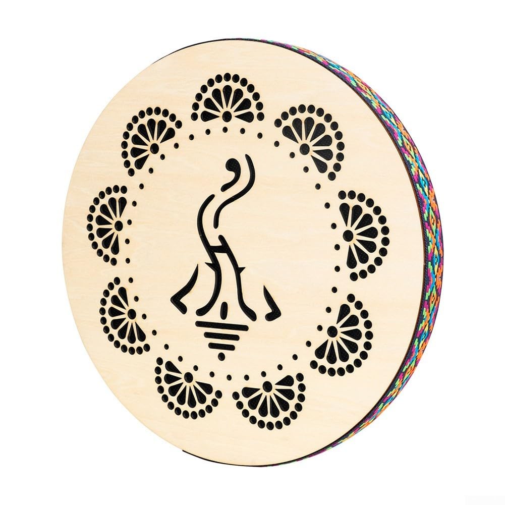Sea Stream Drum 25,4 cm in legno massello naturale etnico strumento a percussione per musicoterapia, rilassamento, meditazione e aiuto per il sonno, con fasce colorate intrecciate