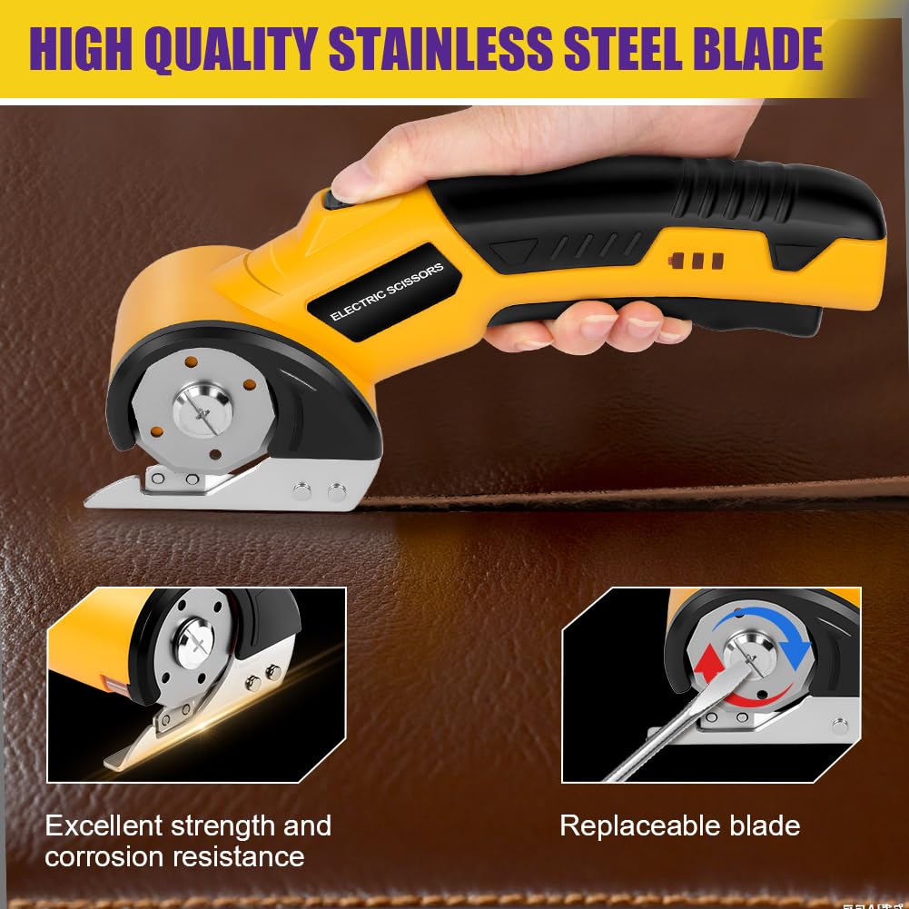 HOTUT Tijeras Eléctricas Sin Cable, Cúter Circular, Mini Cutter Eléctrico, Recargable Con Diseño De Corte Rotativo, Carga USB, Gatillo Extralargo, Luz LED,Cortador Alfombras Y Cartón