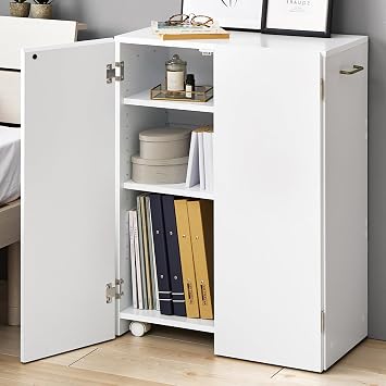 Hagihara Bookshelf with Doors for Otaku Hide and Store Comics, Holds Up to 216, with Hidden Casters, Adjustable Shelf, 60 cm Wide, White VKB-7277WH