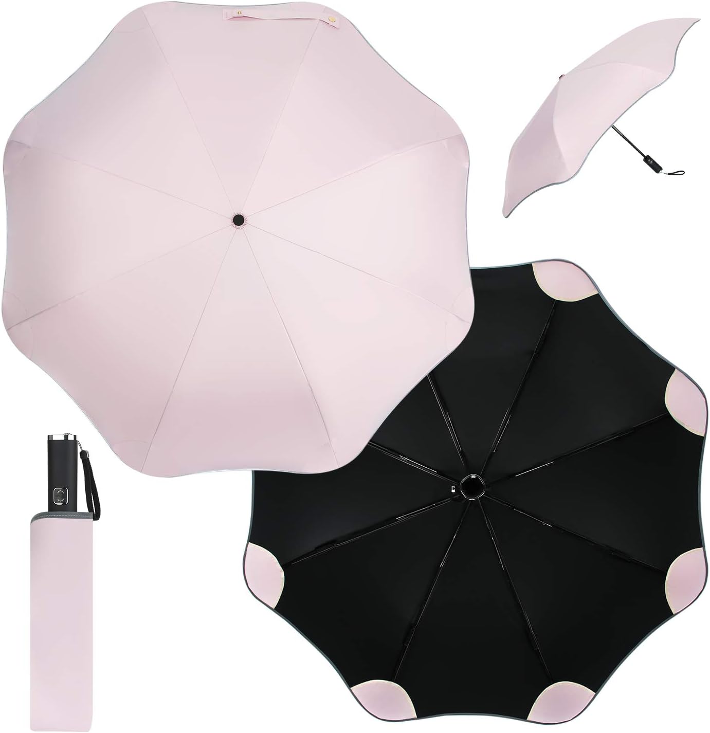 FOVIUPETRounded-Corner Folding Umbrella- Automatic Open & Close Button, Windproof Compact Travel Umbrella, Sunshade Umbrella, UV Protection Sun & Rain Umbrella with 8 Ribs Construction