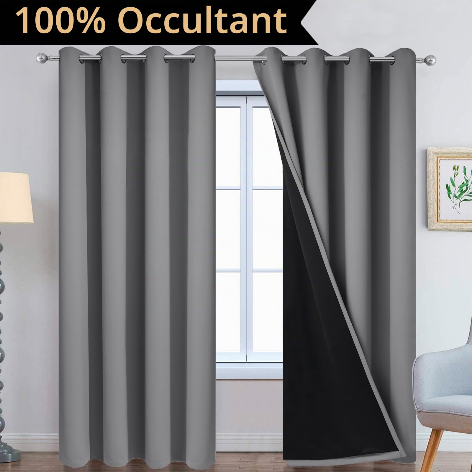 Yakamok Rideaux 100% occultants de 213 cm de Long, 2 Couches épaisses bloquant complètement la Chaleur et la lumière, Rideaux Doux à Isolation Thermique pour Chambre à Coucher (132,1 cm de Large par