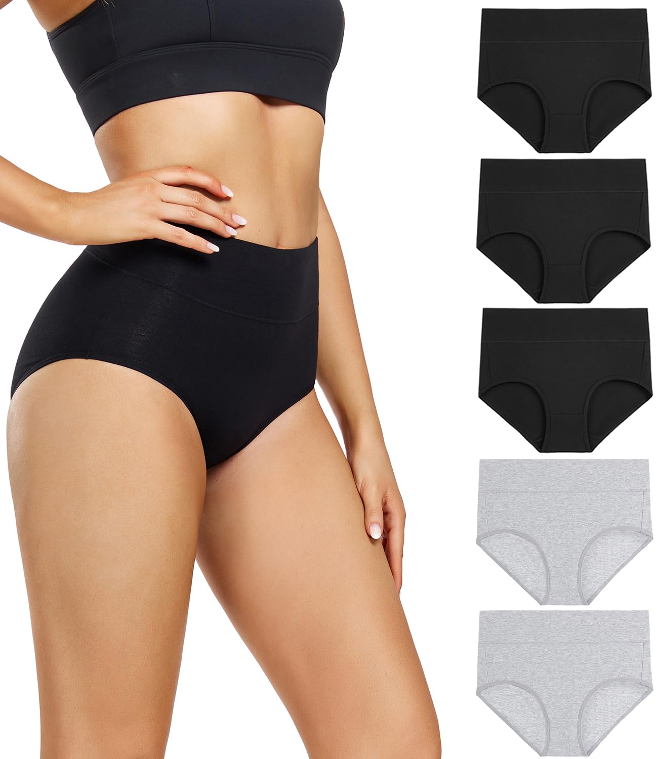 wirarpa Womens Underwear High Waisted Ladies Cotton Panties Soft Full Coverage Briefs 5 Pack Black Grey Medium