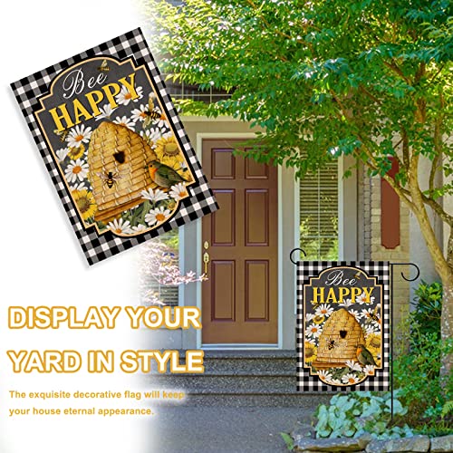 Covido Home Decorative Bee Happy Spring Garden Flag, Daisy Flowers Bird House Yard Buffalo Plaid Check Hive Sunflower Honeycomb Outside Decoration, Summer Farmhouse Outdoor Small Burlap Decor 12 X 18 #TOP3