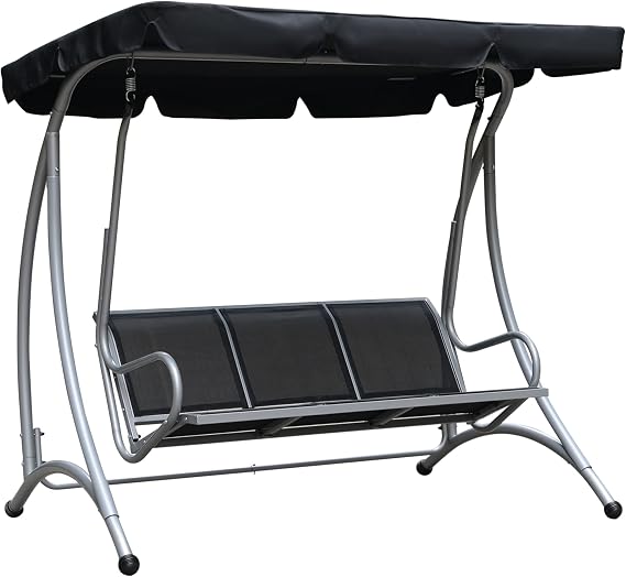 Outsunny 3-Seat Outdoor Porch Swing Chair, Patio Swing Glider with Adjustable Canopy, Breathable Seat, and Steel Frame for Garden, Poolside, Backyard, Black