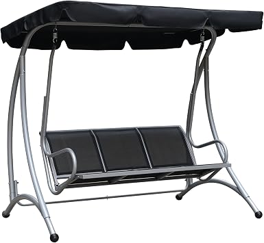 Outsunny 3-Seat Outdoor Porch Swing Chair, Patio Swing Glider with Adjustable Canopy, Breathable Seat, and Steel Frame for Garden, Poolside, Backyard, Black