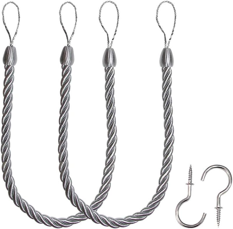 BEL AVENIR Curtain Ropes Tiebacks Tie-Backs, Curtain Handmade Holdbacks with 2 Metal Screw Hooks - Silver 2 Pack
