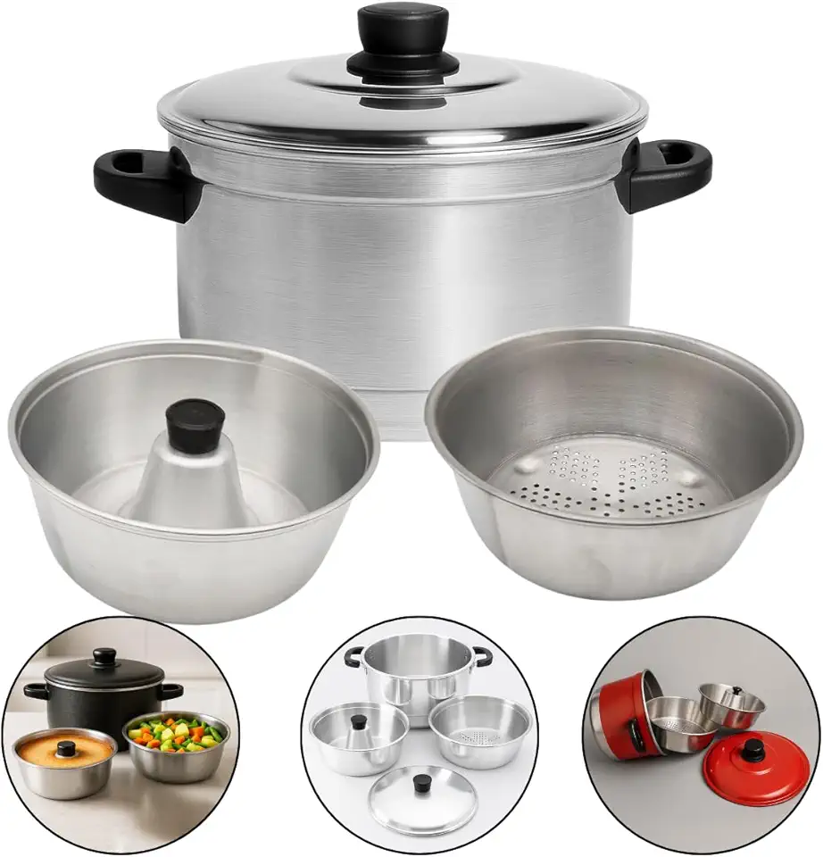 Kit Panela 3 em 1 Multiuso conjunto Formas Para Pudim e Cozimento a Vapor - Cuscuzeira Vaporizador Banho Maria (Polido)
