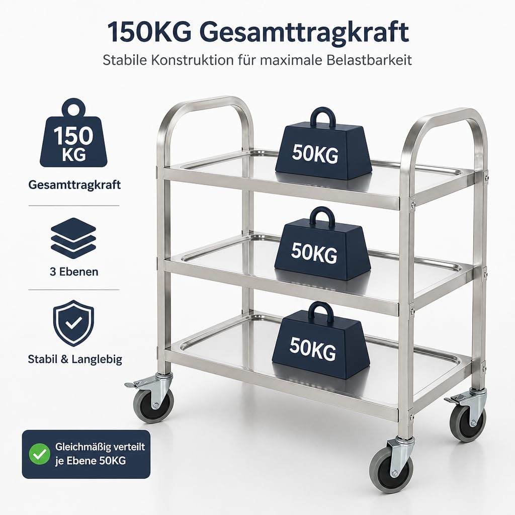 3-stufiger Edelstahl-Servierwagen mit Rollen & Bremsen (72 x 40 x 82 cm) – Robuster Transportwagen für Gastro, Labor, Salon, Küche