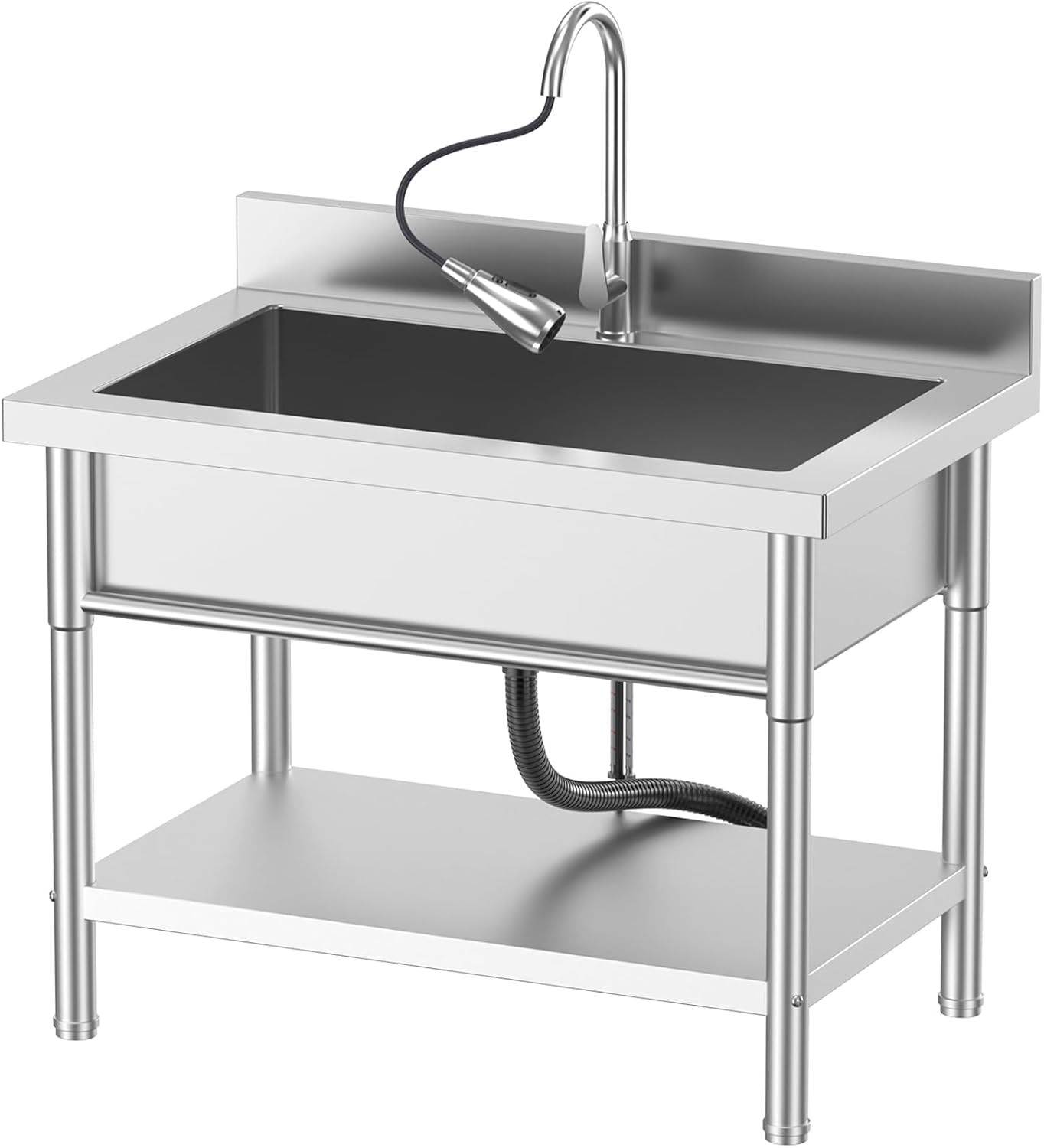 Stainless Steel Utility Sink, 39.5" × 23.6" Freestanding Sink with 360° Retractable Cold and Hot Water Faucet,Hoses and Drain Kit for Kitchens, Bathrooms, Garage, Laundry Room