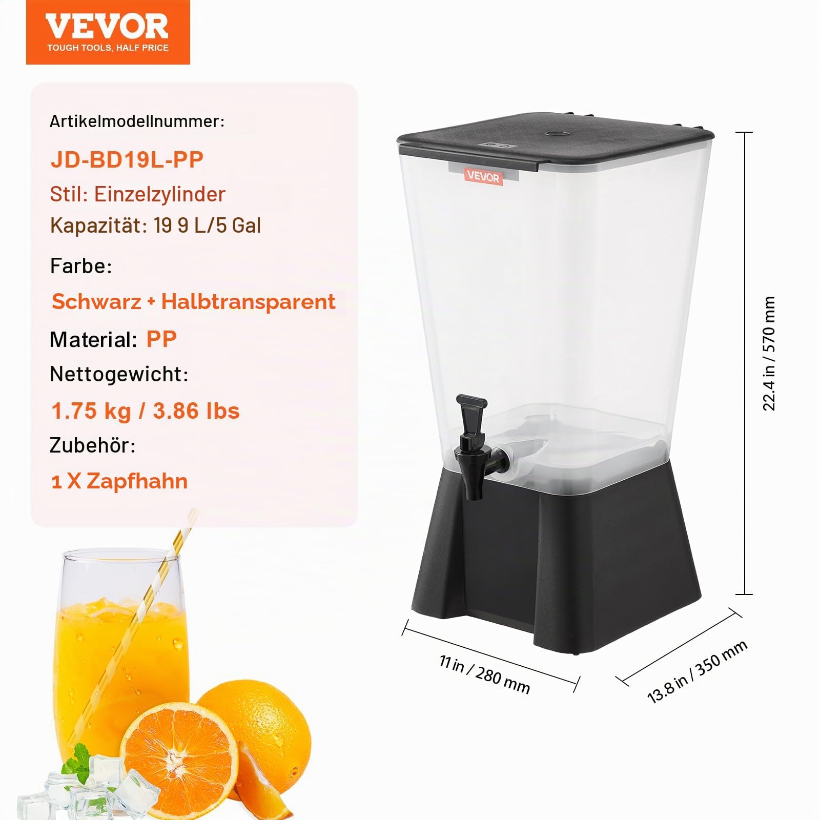 VEVOR Getränkespender (19 L) für Partys, Saftspender aus Kunststoff mit tropfsicherem Zapfhahn Wasserspender für Restaurants Hotels Partys, Limonade Eistee selbstgemachte Getränke Spender