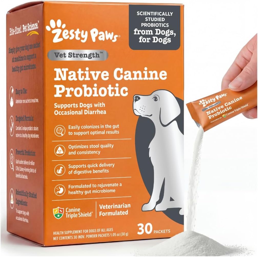 Zesty Paws Native Canine Probiotic - for Occasional Diarrhea + Digestive Health, Gut Flora & Immune System Support - Scientifically Studied & Veterinarian Formulated Probiotics for Dogs - 30 Packets