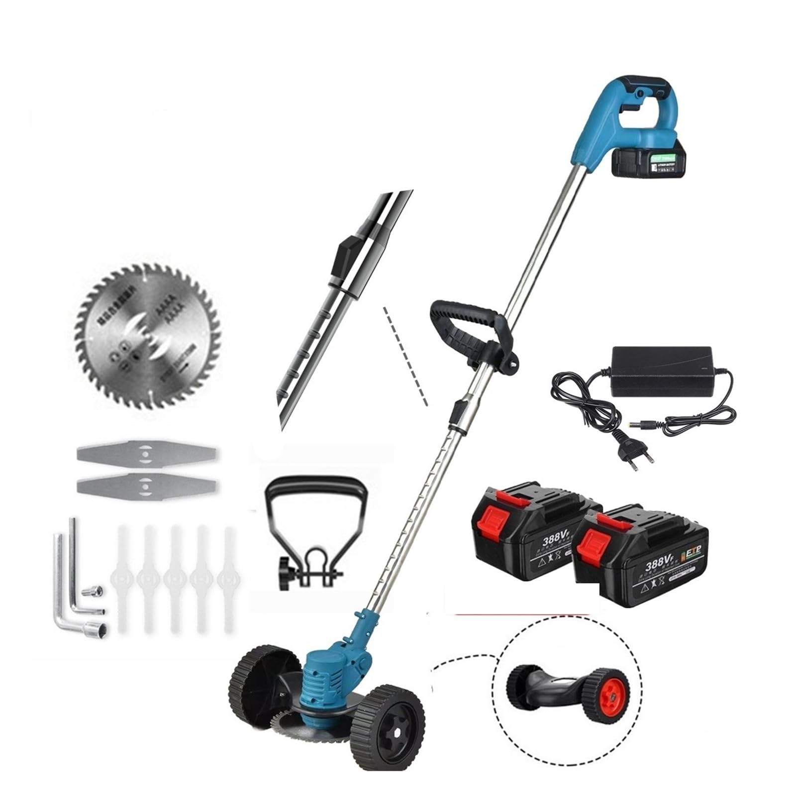 Desbrozadora, Cortacésped eléctrico de Mano inalámbrico de 1800W, cortadora de césped, poda de jardín Ajustable con 2 baterías de Litio, 8 Accesorios(Without Battery Set)