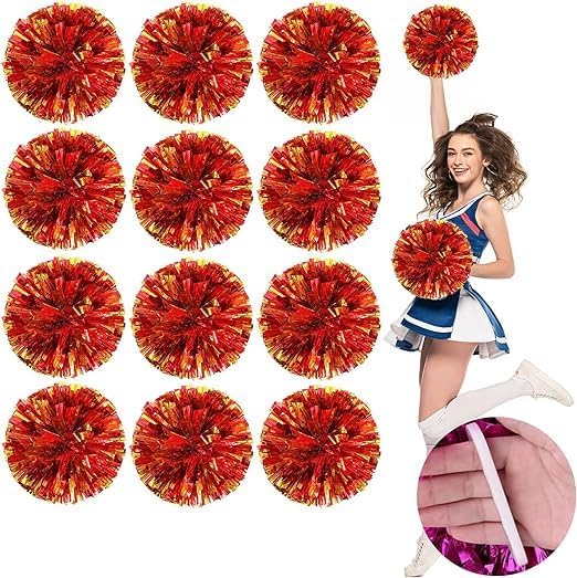 12 PCS Cheerleading Pom Poms, 30cm Cheerleader Pompoms with Baton Handle Cheering Squad Pompoms for School Dance Sports Team Spirit Cheering (Green+Gold)