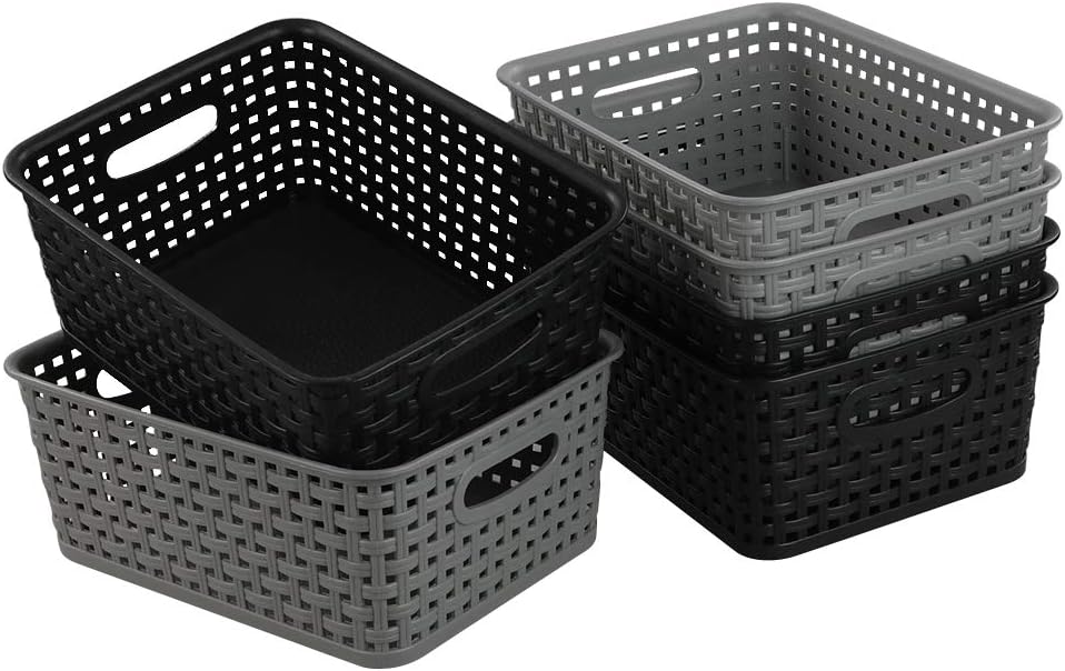 Joycky 6-Pack Plastic Weave Storage Basket, Grey and Black
