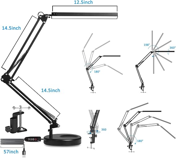SKYLEO LED Desk Lamp with Clip and Base - Eye Protection Desk Lamps for Home Office - Swing Arm Study Lamp - 3 Light Modes x 10 Brightness Levels - USB Port - 5V/2A Adapter - Black