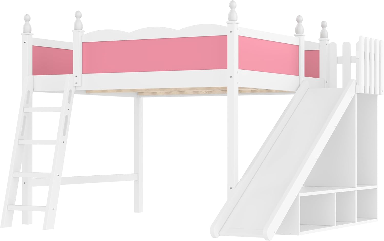 SOFTSEA Queen Size Loft Bed with Slide & Shelves, Kids Wood Loft Bed with Open Shelves and Cabinet, Playhouse Bed Frame with Detachable Slide and Ladder for Kids Girls, Pink + White