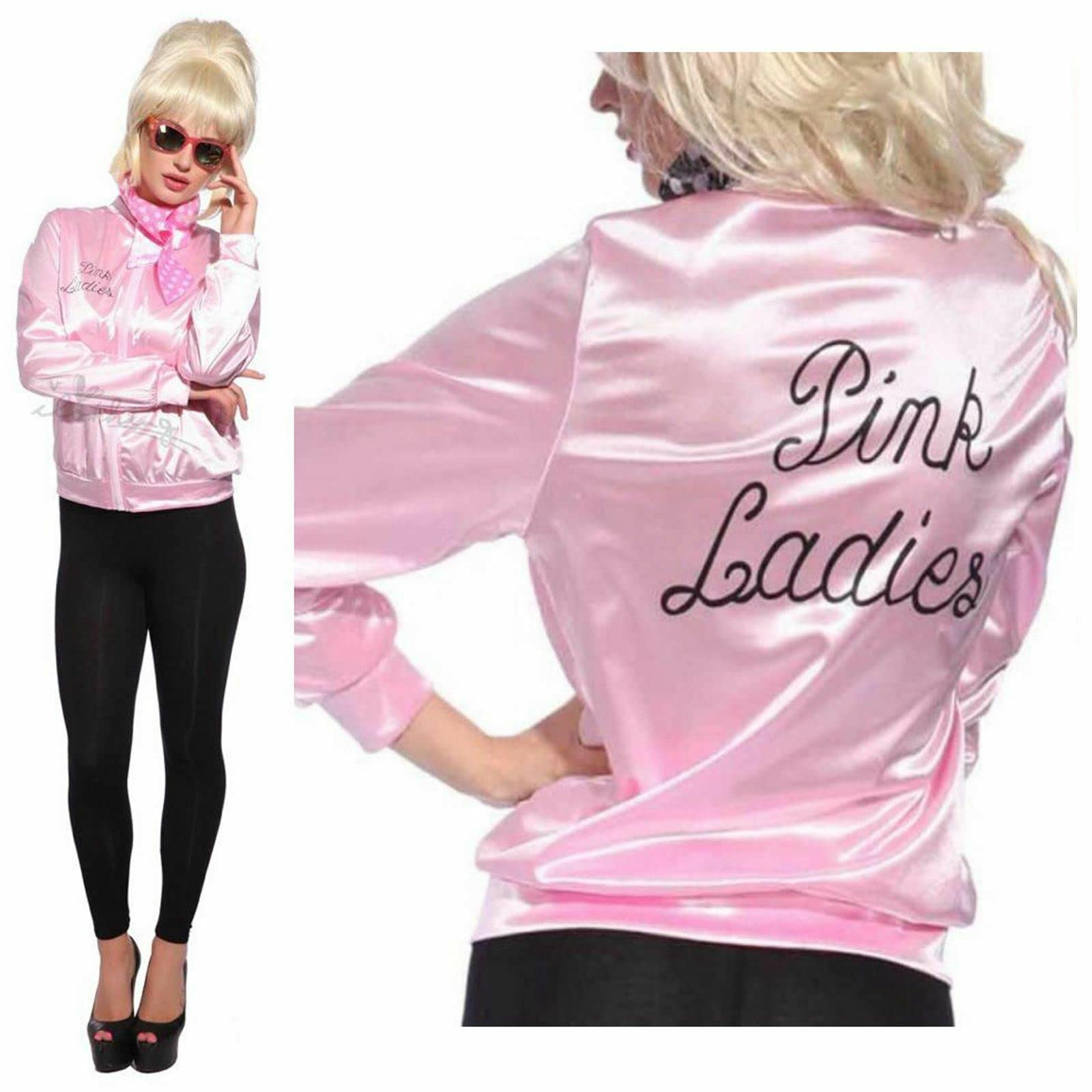GOSTYLES® Womens Pink Ladies Satin Jacket, 1950s Grease Retro Costume Top with Embroidered Back Fancy Dress Rock n Roll Outfit 16-18