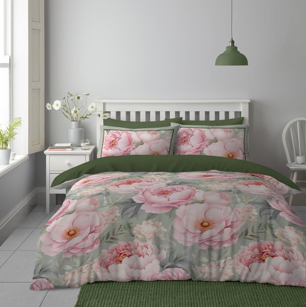 Lions Green Floral Bedding Set - Microfibre Soft Printed King Size Duvet Cover With Matching Pillowcase - 100% Polyester Reversible Flowers Print Quilt Covers, 230X220cm