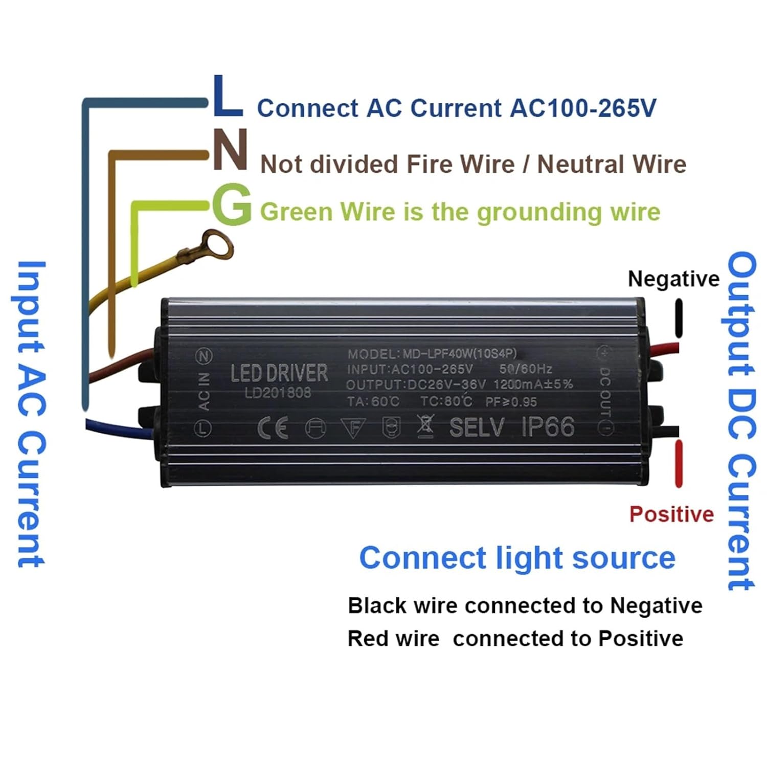 Aluminum IP66 40W LED Driver 1200mA AC 100-265V Waterproof Power Supply Lighting Transformer Driver Ballast