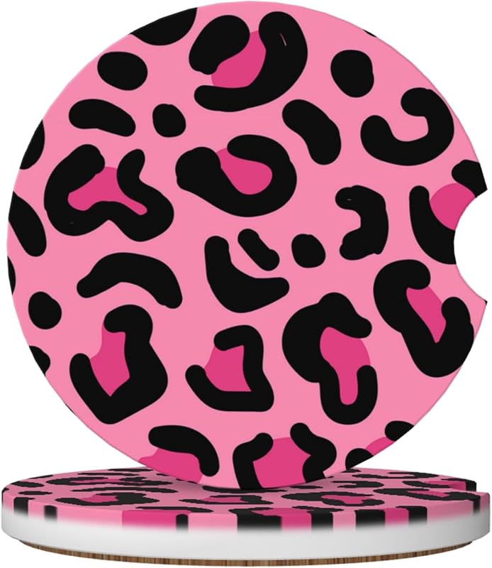 Kit com 2 Porta-Copos para Carro em Cerâmica Absorvente Estampa Pink Leopard Wvpslak