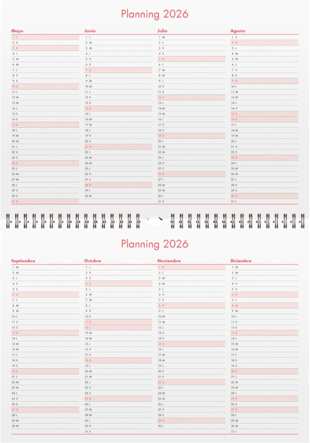 Dohe - Wall Calendar 2026-12 Months January to December, Month View, A3 (42 x 29.7 cm), Double Spiral, Spanish Language, Large Numbers, Planning of the Year, Thick Paper 120 g/m²