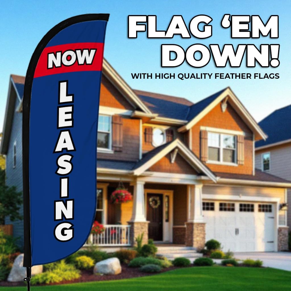 LookOurWay Feather Flag Pole Kit - 7 Feet Tall Advertising Banner with Fiberglass Pole Set and Ground Spike for Business Promotion - Real Estate Flags - Now Leasing Blue - Image 2