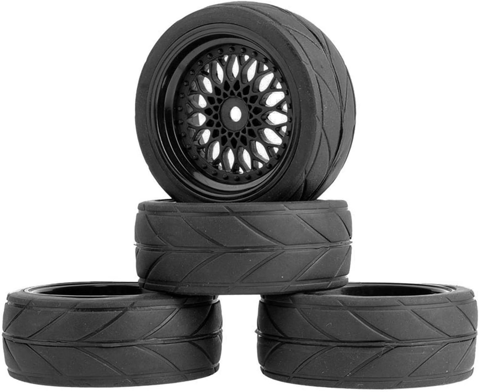 KEEDA RC Car 64 mm Rubber Tyres & 52 mm/2.05 Inch Plastic Rims Wheels for 1/10 RC On Road Touring Racing Drift Car (Offset Depth 3 mm, Black)