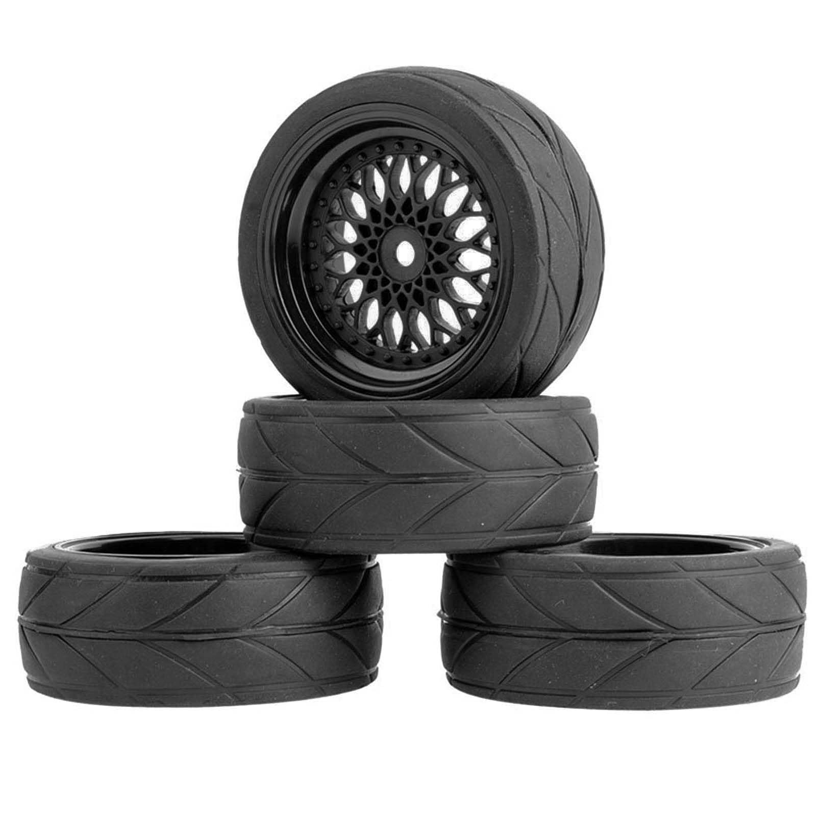 KEEDA RC Car 64 mm Rubber Tyres & 52 mm/2.05 Inch Plastic Rims Wheels for 1/10 RC On Road Touring Racing Drift Car (Offset Depth 6 mm, Black)