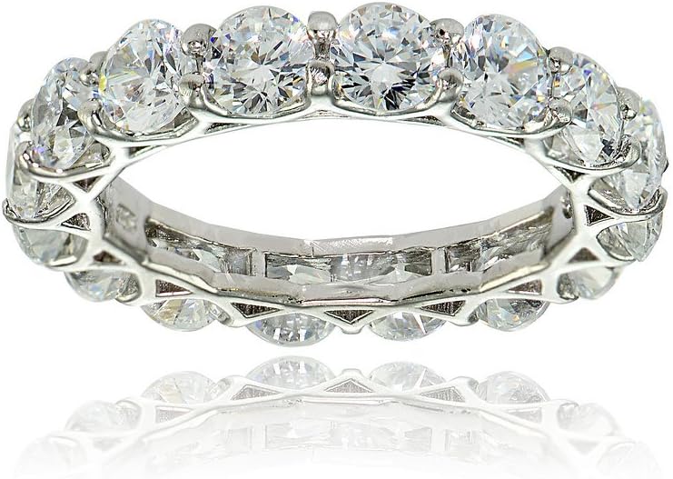 Hoops & Loops 925 Sterling Silver Cubic Zirconia 4mm Round-Cut Eternity Band Ring for Women, Silver, Yellow & Rose Gold