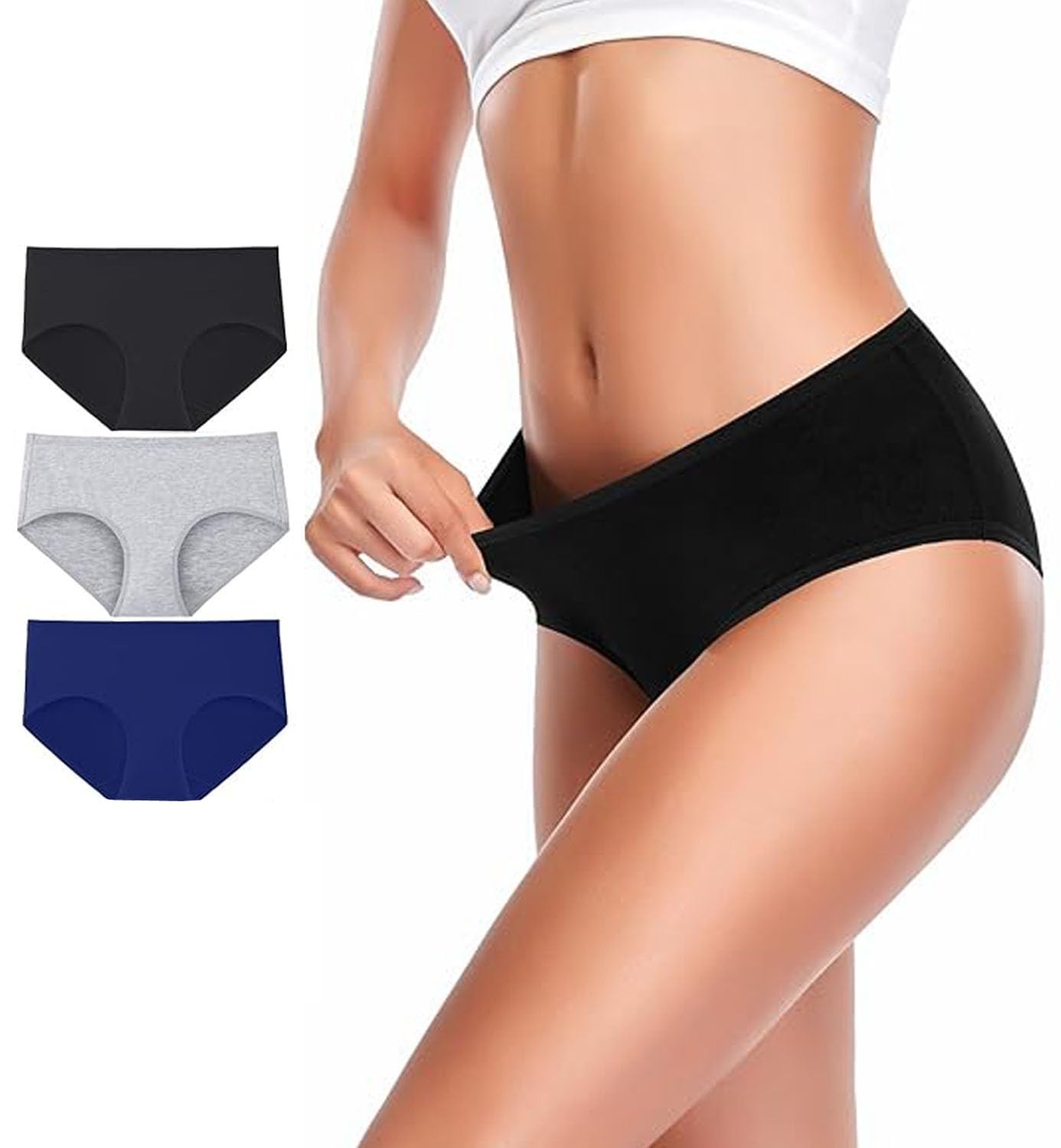 DIVING DEEP Womens Underwear, Soft Cotton Hipster Panties, Breathable Briefs, Panties for Women, Mid Waist Stretchy Underpants, Multipack Panties (Pack of 3)
