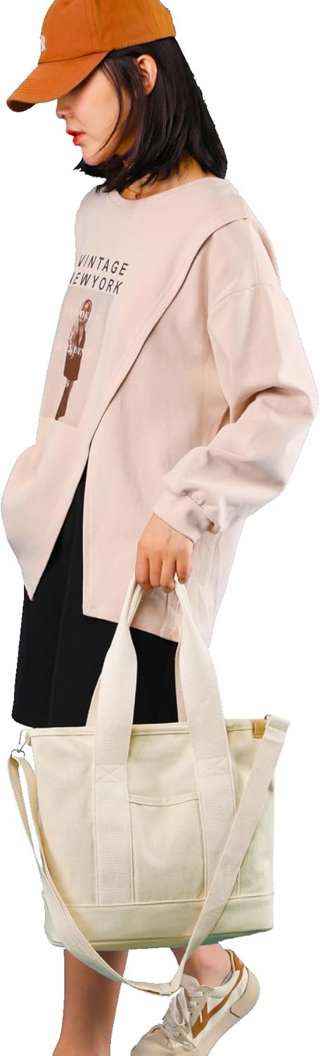 Women Large Zipper Canvas Tote Bag with Pockets, Heavy Duty Crossbody Shoulder Handbag for Work, Travel (White) - Image 7