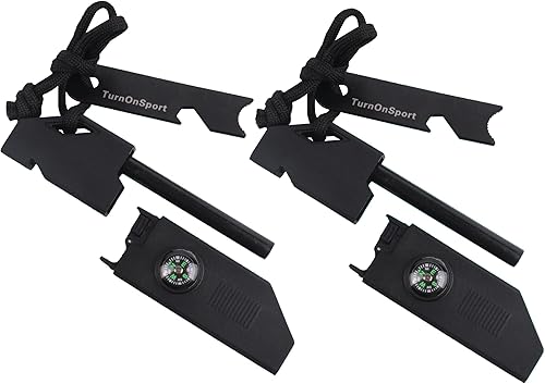 TurnOnSport Magnesium Fire Starter Survival Kit - Flint Steel Fire Starter & Compass - Ferro Rods Fire Striker Hiking Whistle Paracord Lanyard Black