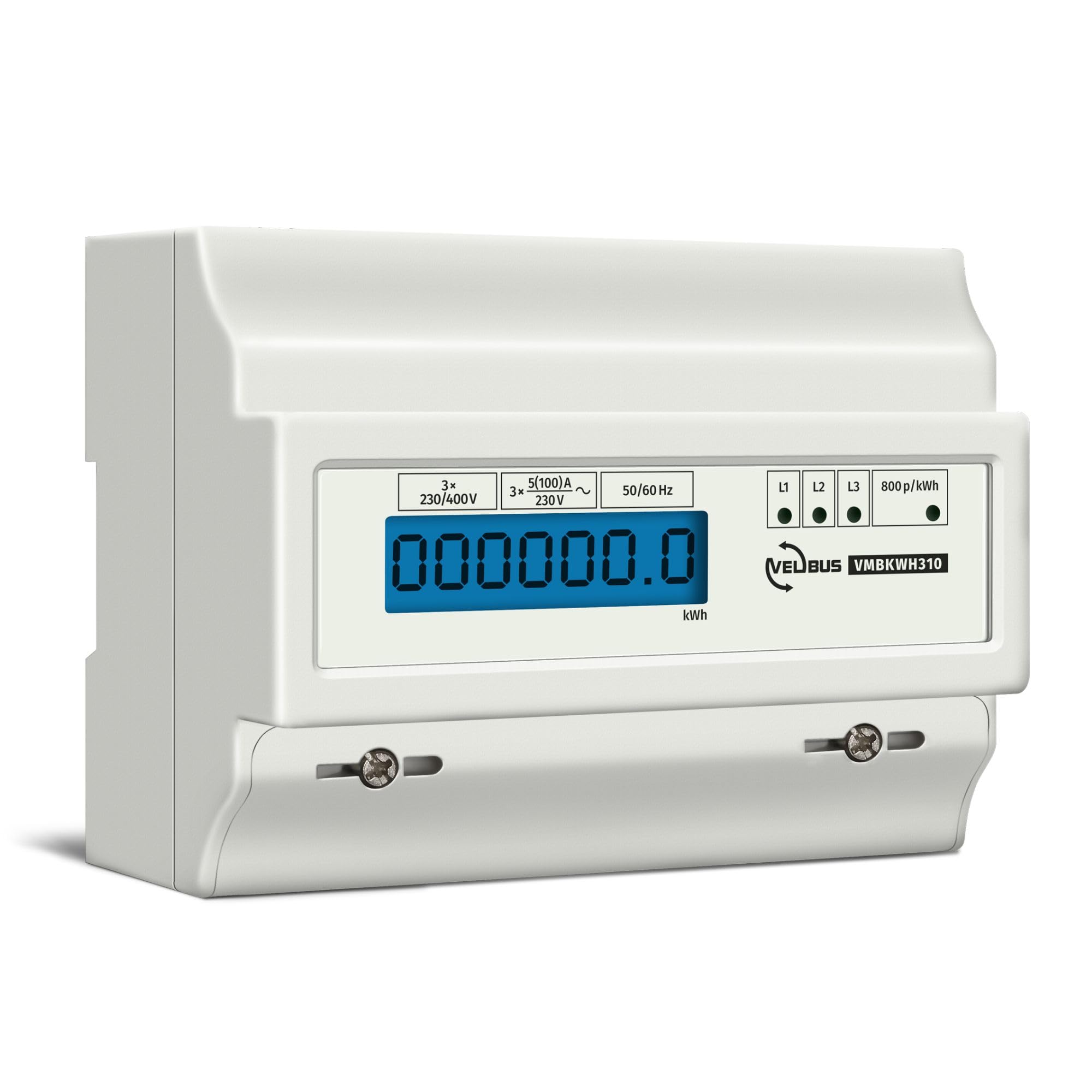 Velleman Compteur d'énergie triphasé, compteur électrique triphasé, delesteur electrique triphasé, compteur énergie, kWh, montage rail DIN, affichage LCD, LED, max. 100 A