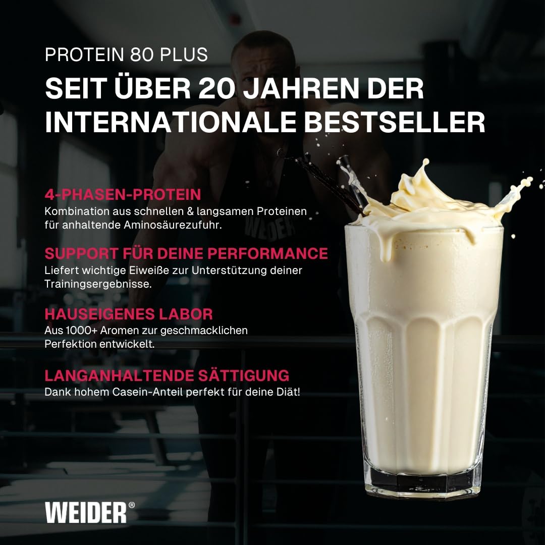 Weider - Protein 80 Plus - 4-Komponenten Protein Pulver - Hoher Proteingehalt mit 80% Eiweiß - Cremige Shakes mit Calcium & Vitamin B6 - 2kg - Vanille