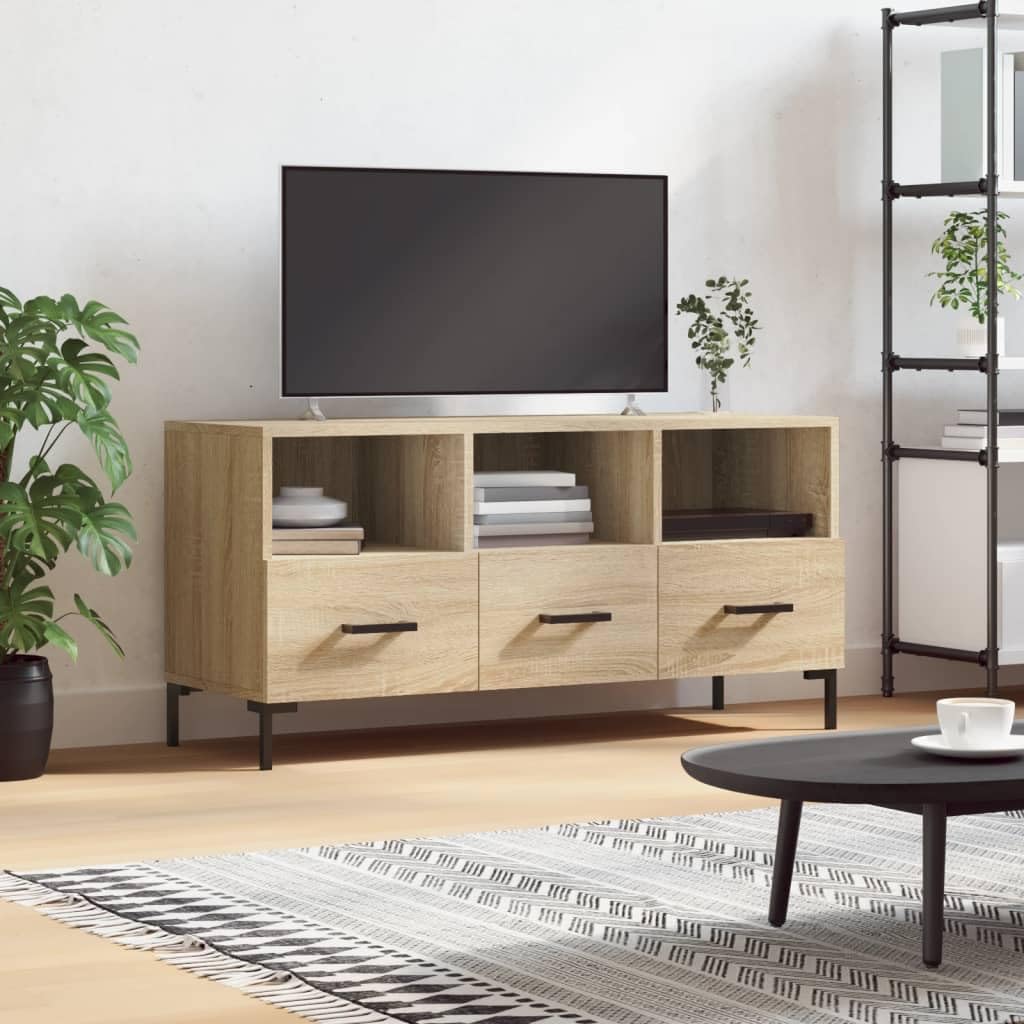 TV-Schrank Sonoma-Eiche 102x36x50 cm, robuster Holzwerkstoff Media-Center mit 3 Fächern und 3 Schubladen, modernes Wohnzimmer Entertainment-Möbel