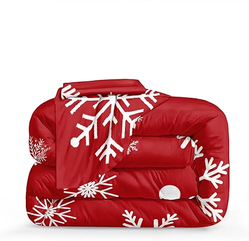 Miniatura 5 de Juego de edredón navideño con copo de nieve, juego de edredón impreso en blanco y rojo, juego de ropa de cama navideña con diseño festivo de