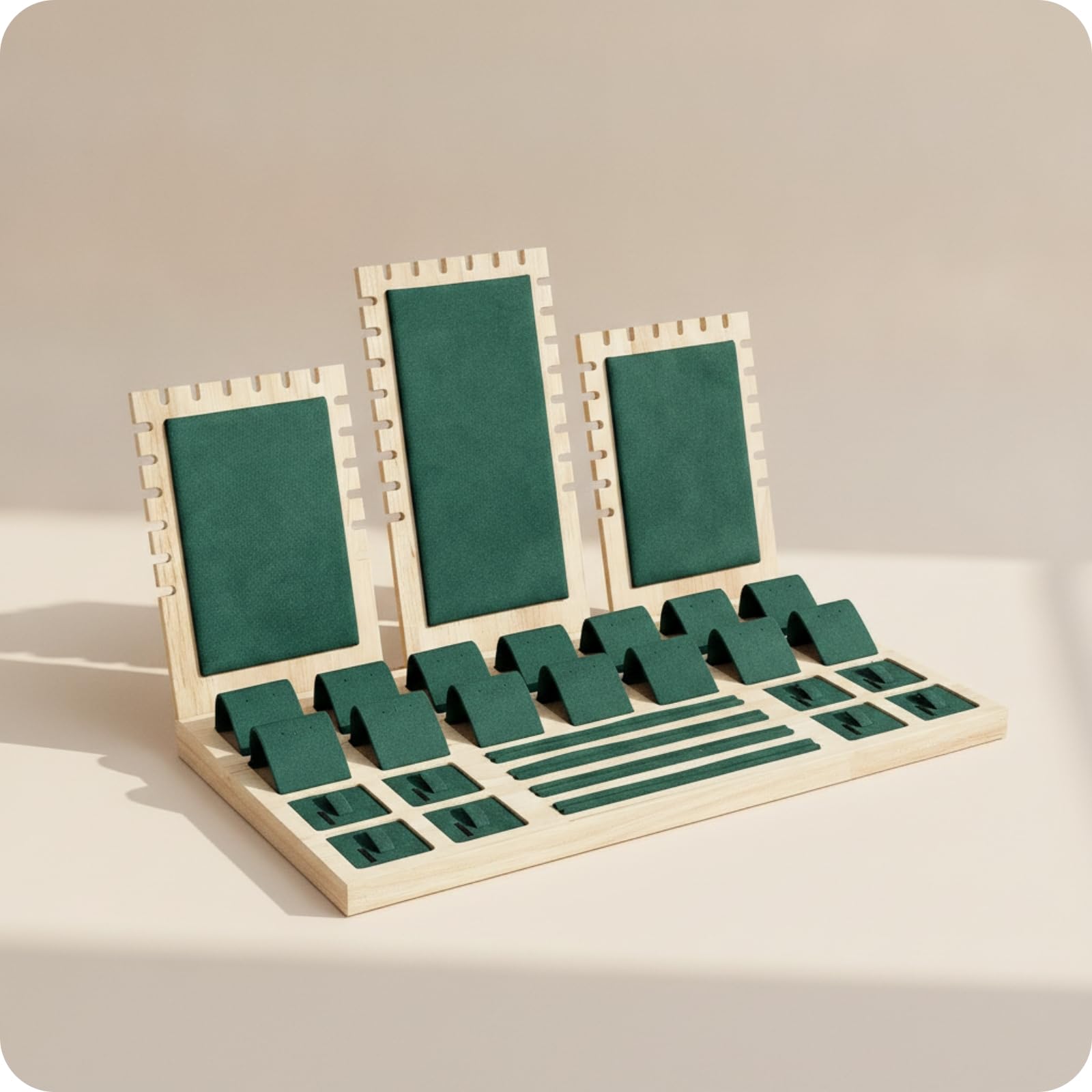 TISHITA Soporte para Joyería Stand de Mostrador Organizador con Base Rectangular y Respaldo en Secciones Barras Estrechas y Paneles Rectangulares Madera, Dark Green, SET Stand