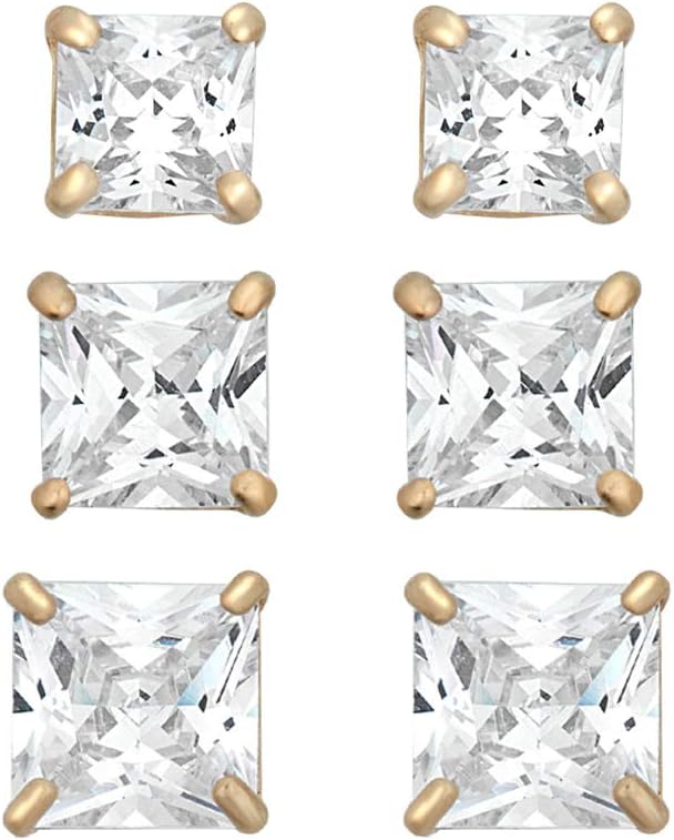 AVORA 3-Pair 10K Gold Princess Cut Simulated Diamond CZ Stud Earrings Set - Yellow or White Gold