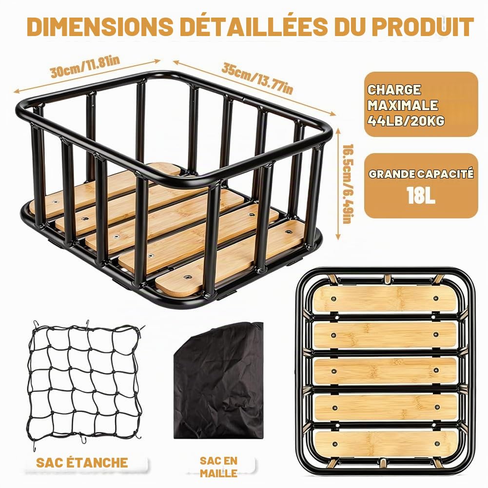 Panier de vélo arrière en acier avec fond en bois, housse imperméable et filet cargo – Grande capacité de charge pour vélo électrique, quotidien et voyage