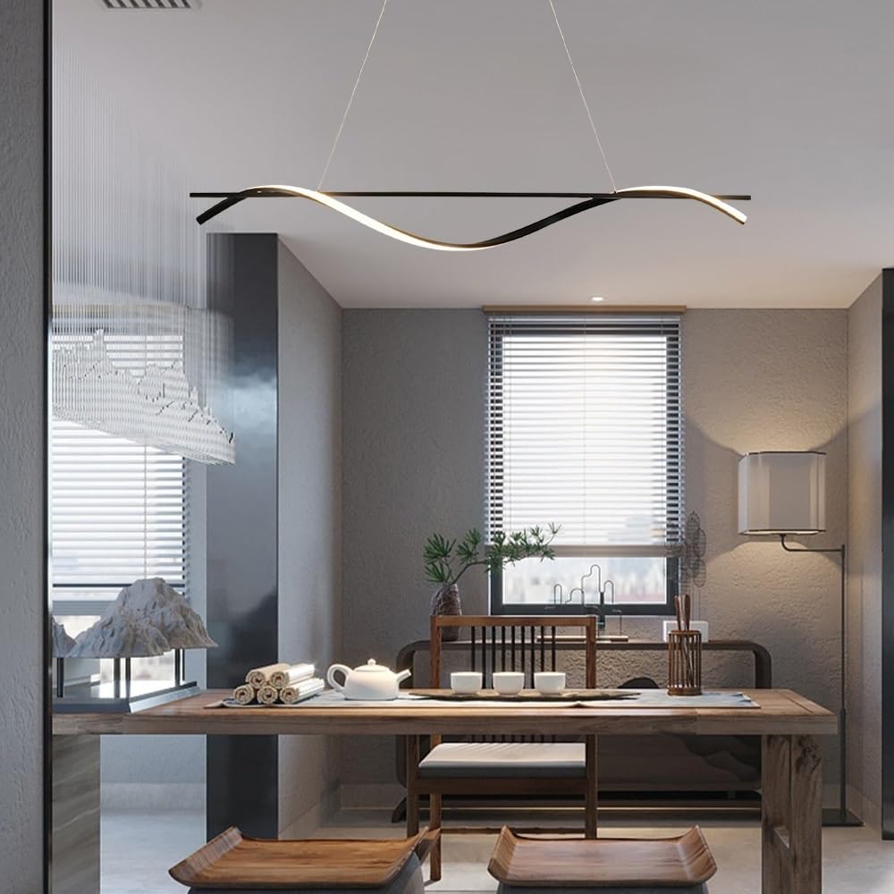 Liniowa lampa wisząca, spiralna metalowa lampa wisząca z białym akrylowym kloszem, czarne długie lampy wiszące, nowoczesne lampy sufitowe LED – 23 W, 3 kolory
